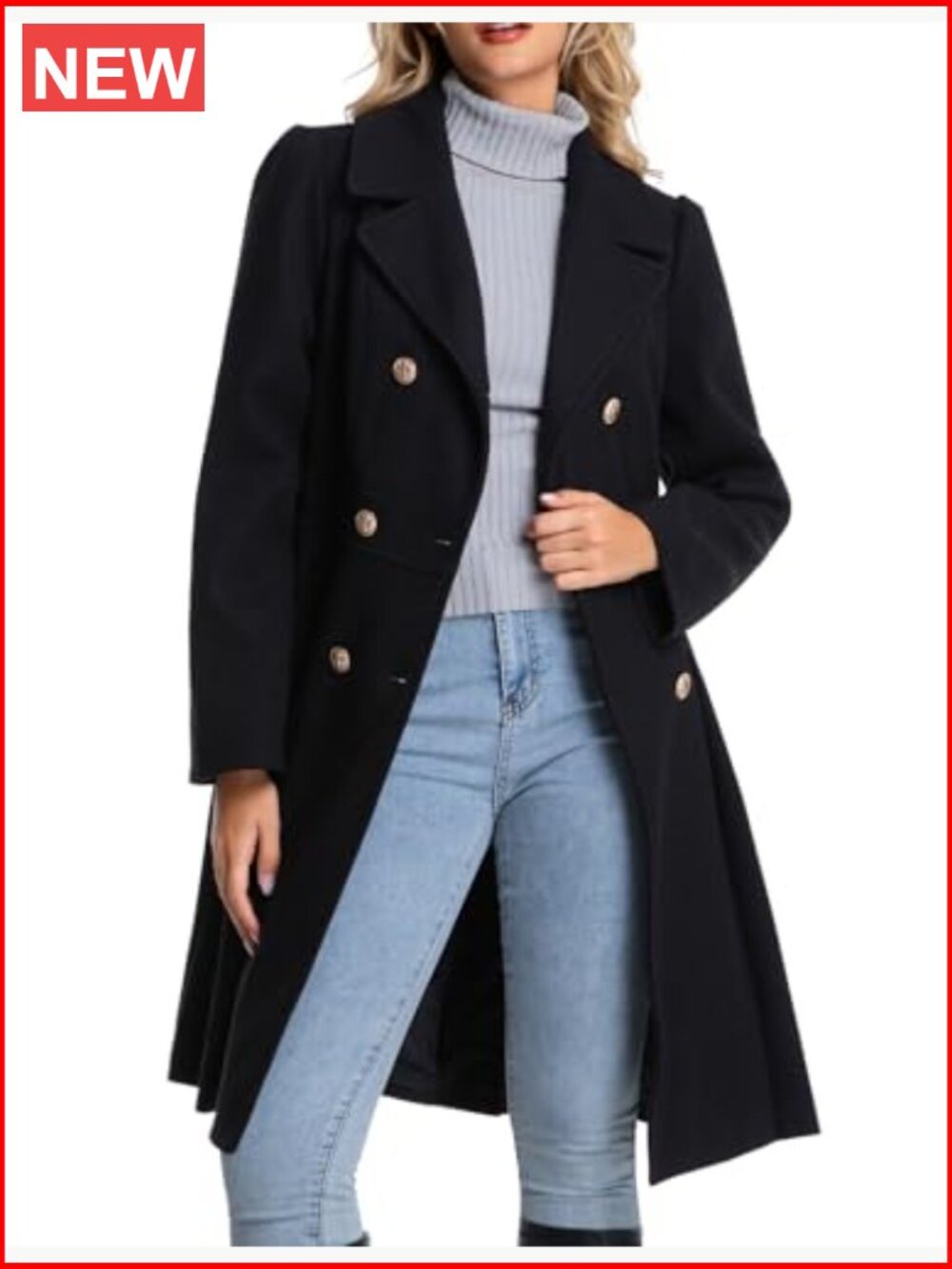 Double Breasted Lapel Trench Coat with Pockets A-Line - Picture 2 of 7